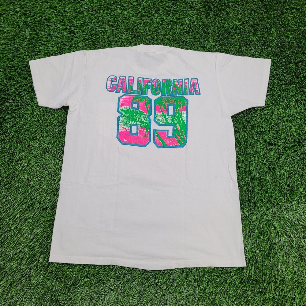 Vintage 1989 California Beach Shirt M/L 20x27 White Neon Spellout USA